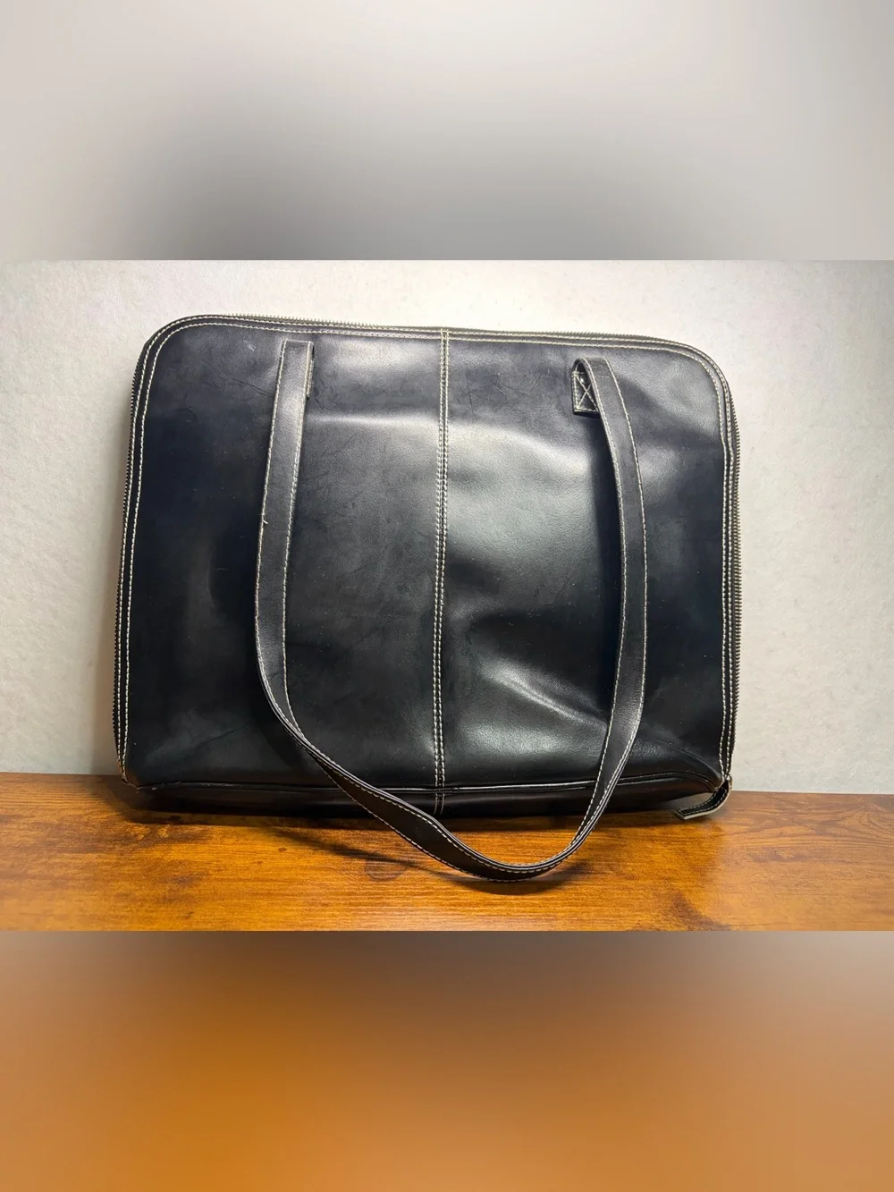 Wilsons Leather Black Leather Laptop Tote with Contrast Stitching